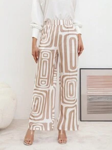 Pantalones anchos informales y elegantes con cintura elástica y estampado geométrico para mujer, para la oficina y el ocio