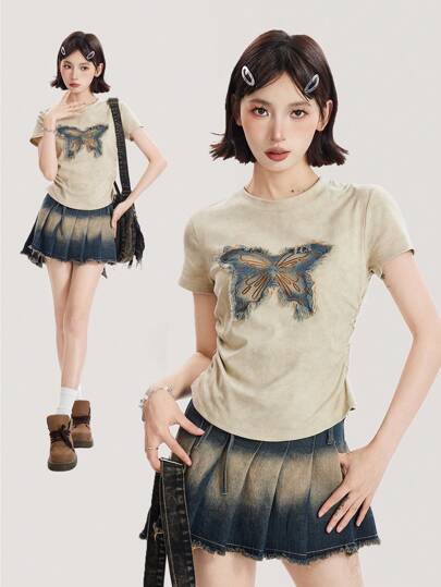 American Design 扎染蝴蝶印花落肩圆领短袖 T 恤，修身短款不对称下摆上衣，春夏
