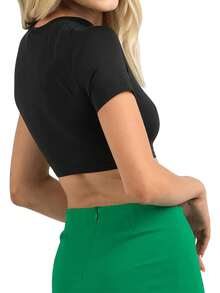 Womens Fitted Crop Tops Solid Color Short Sleeve Cropped T-Shirts Summer Clothes - Black - View 8