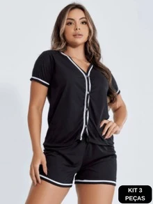 Kit 3 Pajamas Short Doll Blogger Breastfeeding Postpartum Button Mesh Women's Nightwear