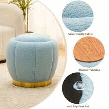 Storage Ottoman, Modern Round Floral Footrest With Soft Padded Seat, Teddy Velvet Footstool, Accent Small Table Or Plant Stand For Hallway, Living Room (Blue)