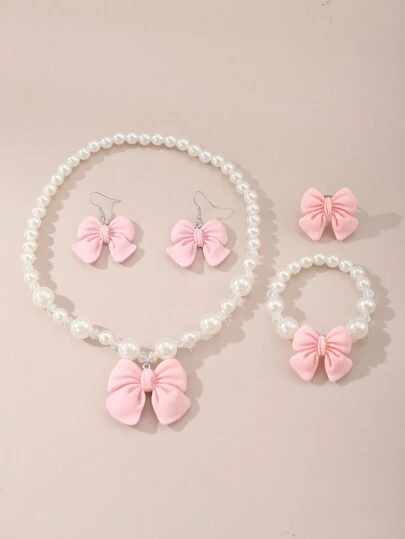 5pcs/Set Girls Resin Bow Flower Necklace Bracelet Earrings Ring Jewelry Set, Suitable For Daily Decoration