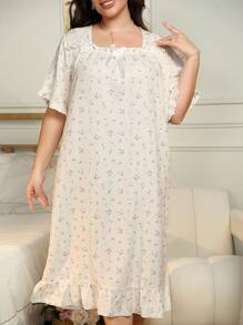 RS Pajama Women's Plus Size Elegant Flower Print Bubble Chiffon Ruffle Trim Square Neck Night,Long Sleep Dress,Pajama Dress