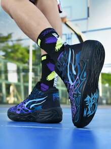 1 Pair Men's Basketball Shoes, Contrasting Red & Green Color, Breathable, Anti-Slip, Wear-Resistant, Outdoor Training, Lightweight Running Sneakers - Black Purple - View 3