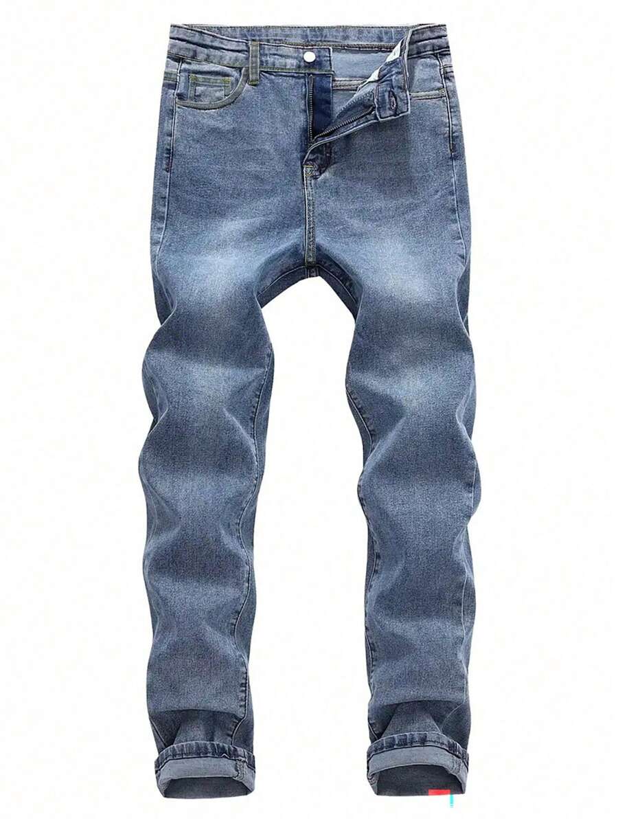 Men's Fashionable Casual Washed Stretch Slim Fit Jeans - Blue - View 1