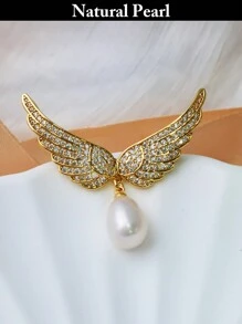 1pc Natural Cultured Freshwater Pearl Brooch, Angel Wing & Ginkgo Leaf & Flower Design, Elegant Lady's Western Jewelry Accessory, Beach/Pride/Birthday/Graduation Gift