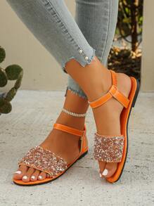 女士水晶装饰带踝带圆头低跟平底凉鞋，休闲时尚百搭户外装，橙色，夏季 - 橘色 - 查看 4