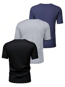 3件装男士常规版型短袖字母印花T恤，时尚休闲运动上衣，适合送给丈夫/男友，夏季街头、通勤、户外活动、度假穿着。 - 彩色 - 查看 3