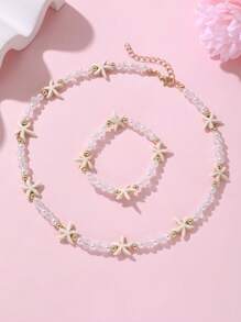 2pcs/Set Girls' Starfish & Pearl Beaded Necklace And Bracelet Set - Starfish - View 2