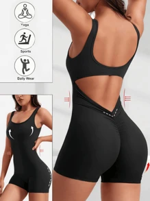 Tuta intera imbottita di colore tinta unita di base per yoga, body modellante con fodera termica