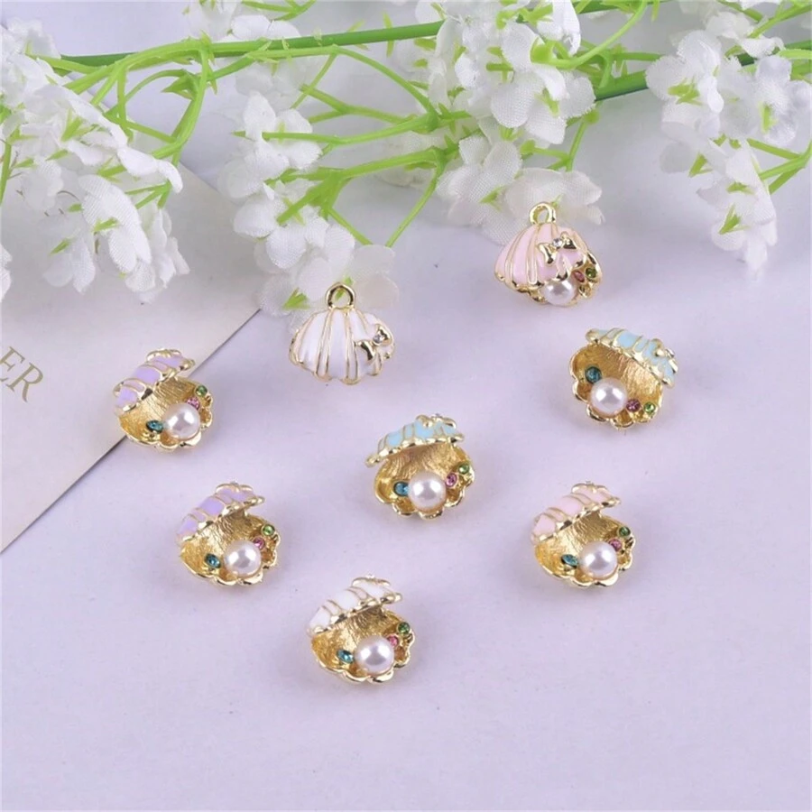5pcs Marine Style 3D Pearl Encrusted Shell Zinc Alloy Pendant, DIY Earrings Necklace Charms Accessories