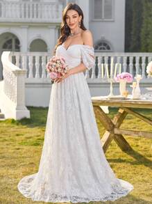 UNITHORSE 女士细肩带蕾丝刺绣露背白色婚纱，优雅伴娘礼服，全白派对服装女士 - 白色 - 查看 2