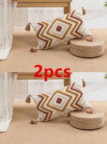 1pc/2pcs Geometric Rhombus Pattern Throw Pillow Case, Canvas & Chenille Material With Tassels, Bohemian And Modern Style For Bedroom, Living Room, Sofa, Car, All Season Use, 30*50cm, 45*45cm