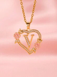 1 件心形花卉字母项链个性化心形花卉 26 个字母吊坠项链适合女孩的生日