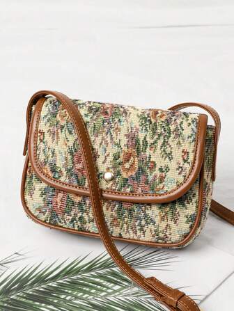 1 件全印花面料单肩包，撞色饰边，时尚斜挎包，适合女性日常使用