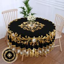 1pc Black With Golden Edge Pearl Totem Print Round Tablecloth, Waterproof Colorful Patio Dining Table Cover, Vintage Tapestry Curtain Shawl Scarf Picnic Mat Suitable For 63-Inch Tables