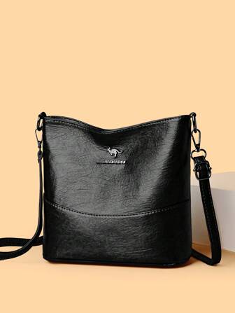 1 pieza Bolso bandolera de PU de unicolor, de gran capacidad y peso ligero, con adorno de metal tipo canguro, adecuado para uso diario de la mujer, versátil