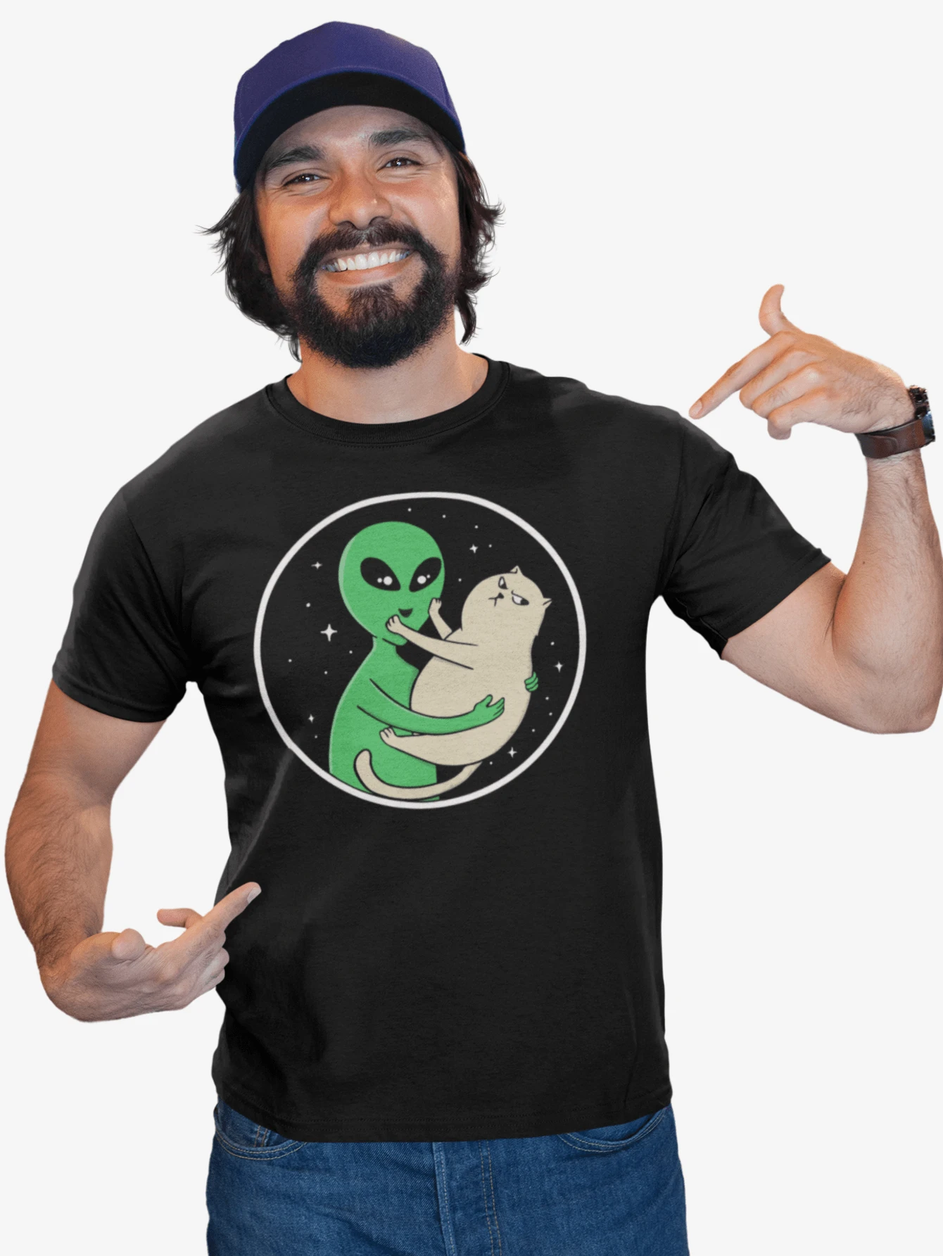 Playera de Caballero Diseño Espacio Alien y Gato - Negro - Ver 1