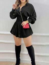 Women's Elegant Solid Color Pleated Waist Long Sleeve Shirt Dress For Commuting, Spring/Summer