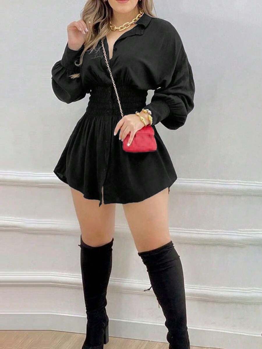 女士时尚翻领衬衫裙，纯色褶皱腰身长袖修身轻薄衬衫裙，春夏黑色优雅款 - 黑色 - 查看 1