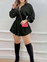 Women's Elegant Solid Color Pleated Waist Long Sleeve Shirt Dress For Commuting, Spring/Summer