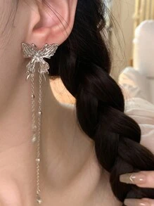 1 cặp Hoa tai tua rua bướm kết cấu lỏng, Hoa tai đinh tán sang trọng cao cấp, (Số lượng hạt tua rua ngẫu nhiên) - Bạc - Xem 2