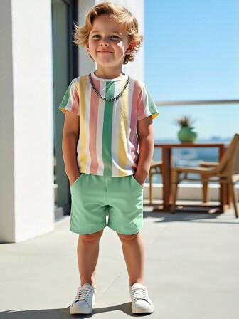 2pcs Boys Summer Casual Fashionable Outfit: Round Neck Simple Comfortable T-Shirt + Elastic Waist Shorts, Boys Commuting Outdoor Sports Running Activewear