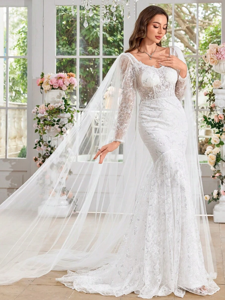 UNITHORSE 女士甜心领大灯笼袖亮片刺绣蕾丝网布白色鱼尾婚纱礼服，新娘全白派对服装女士 - 白色 - 查看 1