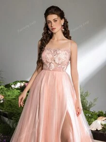Faeriesty Elegante bloemenapplicatie met strik op de rug, split op de dij, mesh cami-jurk, formele feestjurk, trouwjurk, bruiloftsgastjurk, avondjurk