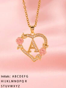 1 件心形花卉字母项链个性化心形花卉 26 个字母吊坠项链适合女孩的生日