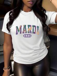 Happy Mardi Gras  Varsity  Shirt,  Women's Cotton Soft Breathable Comfort-Fit Crew Neck Tee ,Mardi Gras Party Tee - trắng - Xem 1