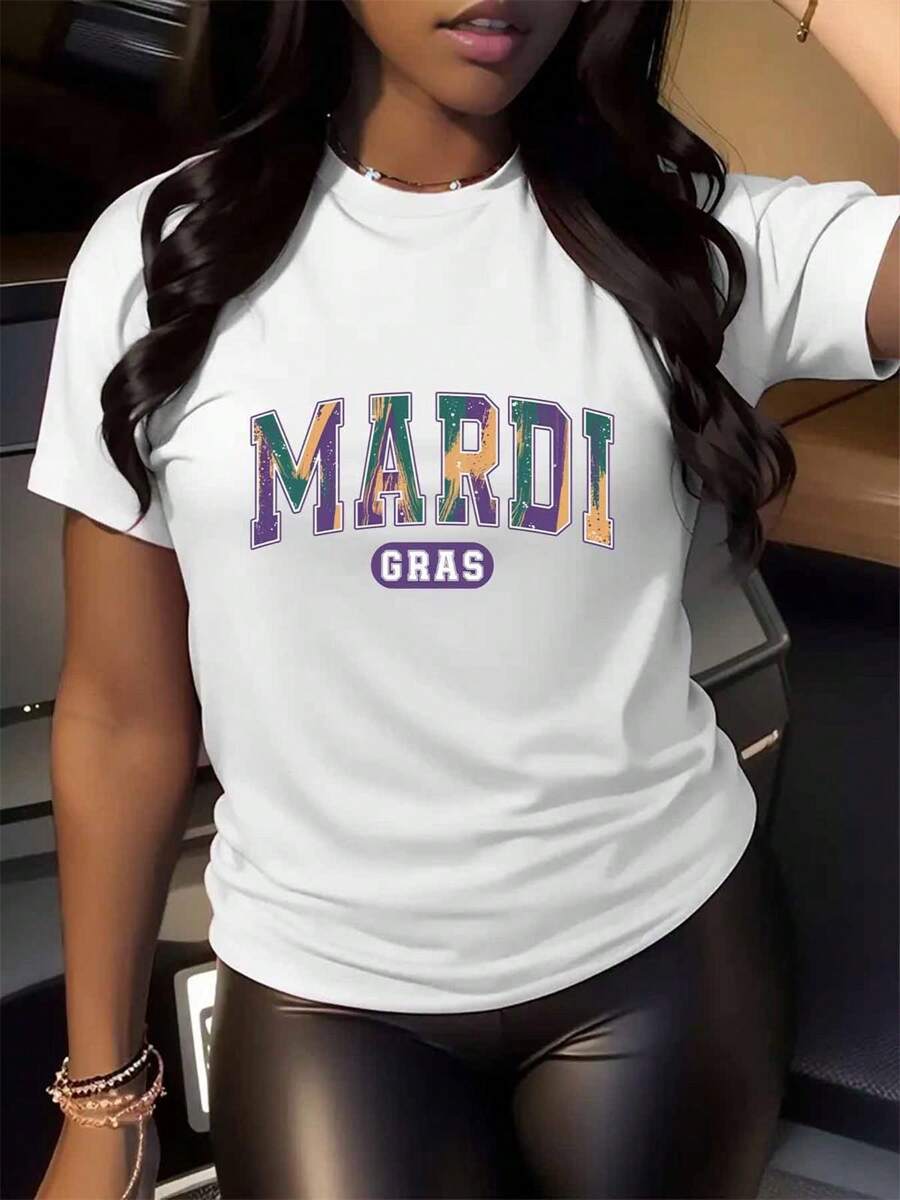 Happy Mardi Gras Varsity Shirt, Women's Cotton Soft Breathable Comfort-Fit Crew Neck Tee ,Mardi Gras Party Tee - trắng - Xem 1