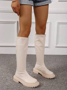 Women's Autumn/Winter Fashion Over-The-Knee Boots, Warm Thick Sole Riding Boots, Soft Leather Non-Slip Round Toe Casual Boots, Solid Color Winter Boots - Beige - View 3