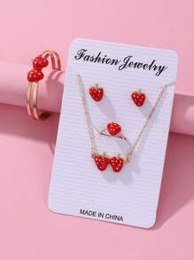 5 pièces/set Collier, bracelet, boucles d'oreilles, bague en forme de fraise pour filles, ensemble de bijoux