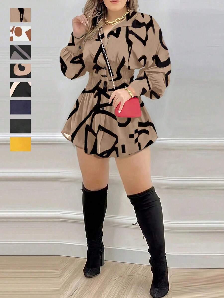Women's Fashion Collared Dress Casual Loose Fit Pleats Random Floral Print Long Sleeve Shirt Dress For Spring/Summer - Black Geometric Figure - View 1