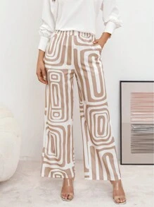 Pantalones anchos informales y elegantes con cintura elástica y estampado geométrico para mujer, para la oficina y el ocio
