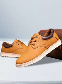 Casual de los hombres antideslizante zapatillas de deporte de color sólido, punta redonda con cordones parejas zapatos planos formales, adecuados para los viajes diarios, lugar de reunión, traje a juego, - Amarillo - Ver 4