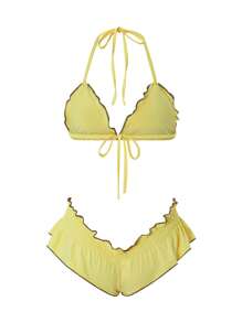Women Summer 2 Pieces Ruffles Hem Bikini Sets Y2k Swimsuit Outfits Halter Sleeveless Padded Bra And Frills Bow Thong Bottoms Beach Bathing Suits Set For Teen Girls Holiday Beachwear - 黃色 - 查看 4