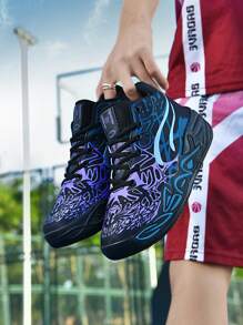 1 Pair Men's Basketball Shoes, Contrasting Red & Green Color, Breathable, Anti-Slip, Wear-Resistant, Outdoor Training, Lightweight Running Sneakers - Black Purple - View 2