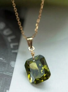 1pc S925 Sterling Silver Gold Plated Wedding Square Emerald Pendant Necklace, Sterling Silver Hypoallergenic, Simple And Versatile Olive Green Pendant Necklace, Suitable For Women's Daily And Party Wear