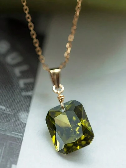 1pc S925 Sterling Silver Gold Plated Wedding Square Emerald Pendant Necklace, Sterling Silver Hypoallergenic, Simple And Versatile Olive Green Pendant Necklace, Suitable For Women's Daily And Party Wear