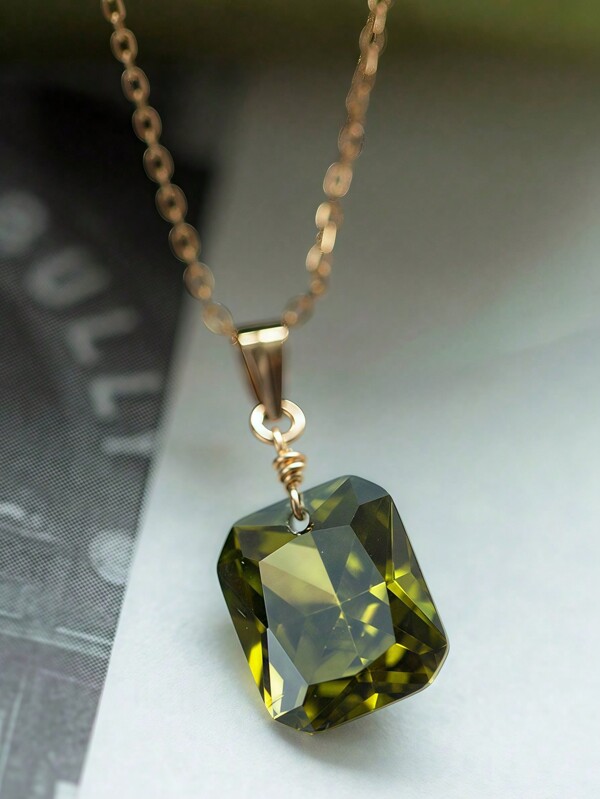 1pc S925 Sterling Silver Gold Plated Wedding Square Emerald Pendant Necklace, Sterling Silver Hypoallergenic, Simple And Versatile Olive Green Pendant Necklace, Suitable For Women's Daily And Party Wear