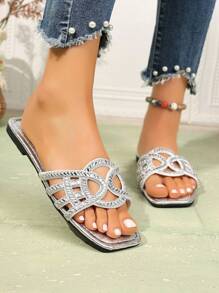 Dames Zomer Nieuwe Platte Pantoffels, Bandjes Strass Sandalen, Modieuze Veelzijdige Slides