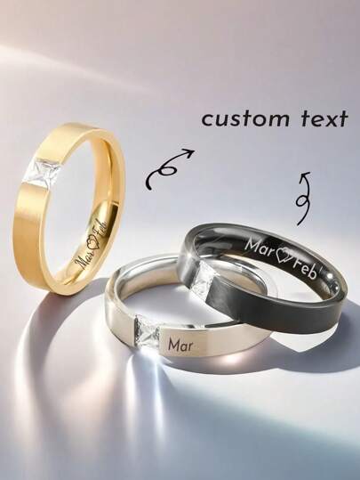 1 Pc Custom Square Zirconia Ring Stainless Steel For Women Men Personalized Jewelry Birthday Party Valentine's Day Jewellery Gift Name Engrave
