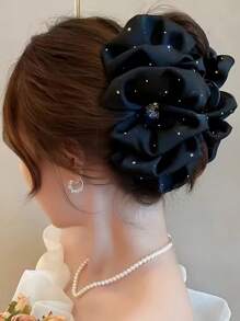1 pieza Pinza para el cabello con forma de corazón brillante de cielo estrellado para mujer, estilo elegante, puede fijar el cabello, diseño de lazo, pinza de garra para el cabello, accesorio para el cabello - Negro - Ver 2