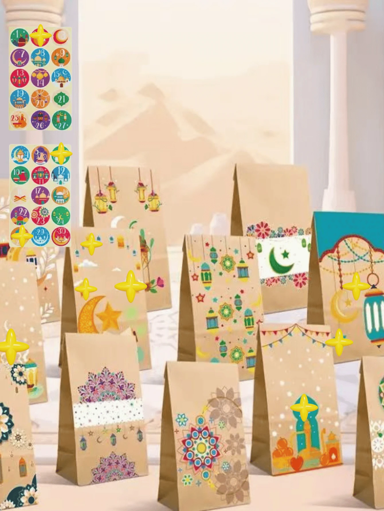 30 szt. torebek prezentowych z papieru Rama, świeże torby papierowe na błogosławieństwo Rama, małe pudełka papierowe na słodycze, pudełka na przekąski na przyjęcie, drukowane torby do pakowania ciasteczek, naklejki do kalendarza adwentowego, torby do pakowania prezentów Rama, artykuły dekoracyjne na przyjęcie