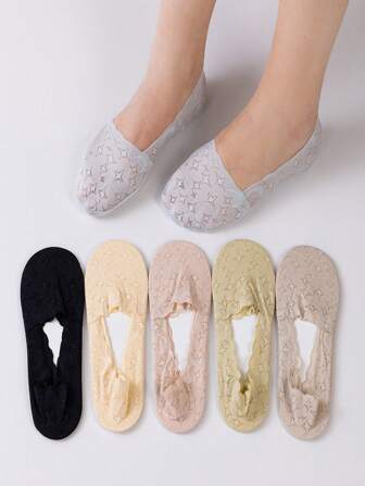 6 Pairs Women Starry Lace Silicone Anti-Skid Comfortable Invisible Boat Socks, Suitable For Daily Wear