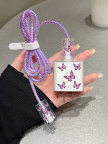 5pcs/Set Purple Butterfly Design 20W/18W Charger Kit, Including Charging Cable, Protective Case And Charging Head, Compatible With IPhone 11 12 13 14 15 16 Cable Protector, Charger Protector