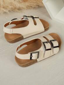 Sandalias para exteriores para niños y niñas, nuevo diseño de doble hebilla y correa, versión coreana retro de sandalias de playa con puntera abierta, calzado de moda y versátil para niños - Beis - Ver 4