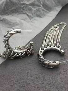 Fashion New Chain Tassel Hoop Earrings Stainless Steel Hoop Earrings For Women Punk Cool Double Tones Stainless Steel Chunky Jewelry Accessory